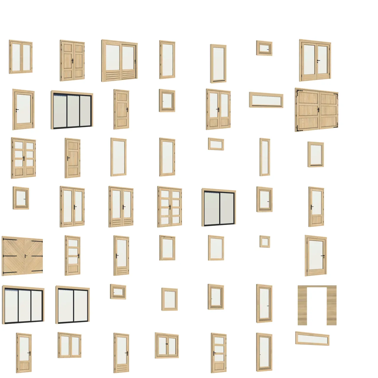 Full parts-catalog sprite sheet of door, window and gate models used by the configurator's picker UI