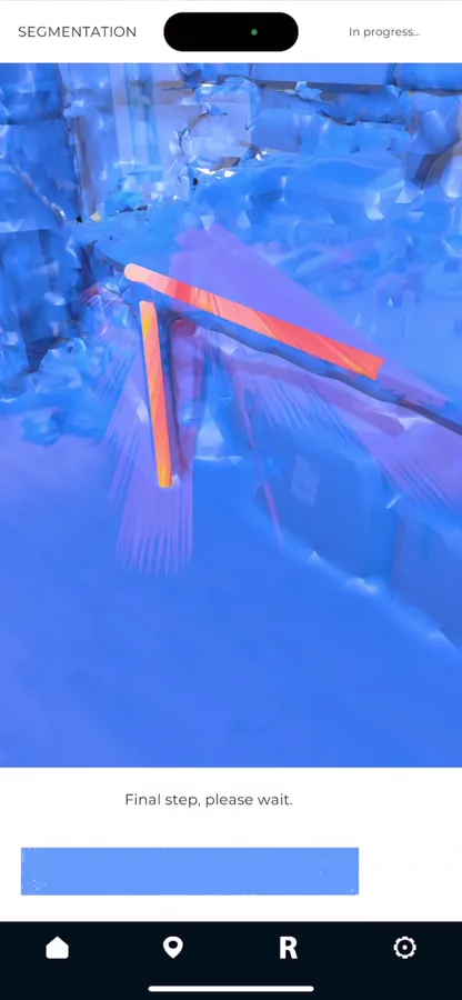 iXR app: rays and a rail overlay on the reconstructed mesh
