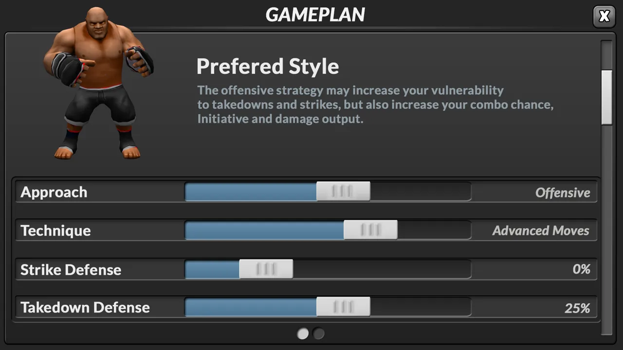 MMA-Manager fighter gameplan screen with strategy sliders
