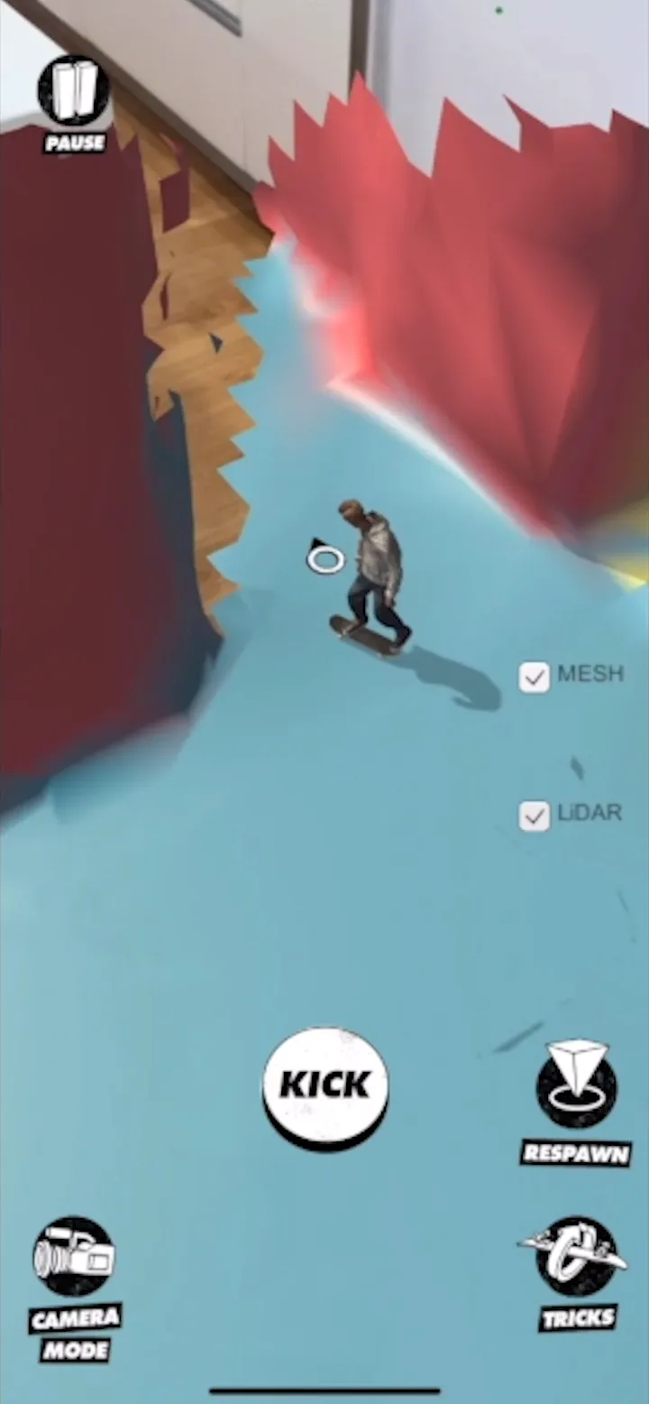 LiDAR mesh scan visualization of a room with an AR skater overlaid