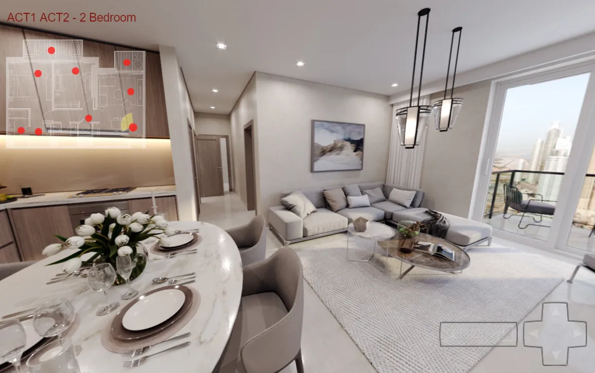 360 interior tour of a 2-bedroom unit with clickable hotspots over a mini floor plan