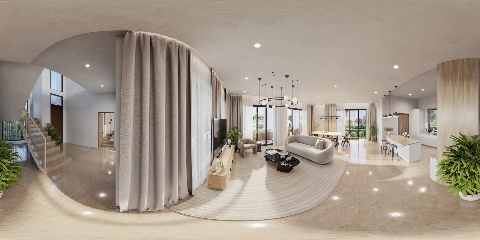 Living room with staircase and open kitchen beyond